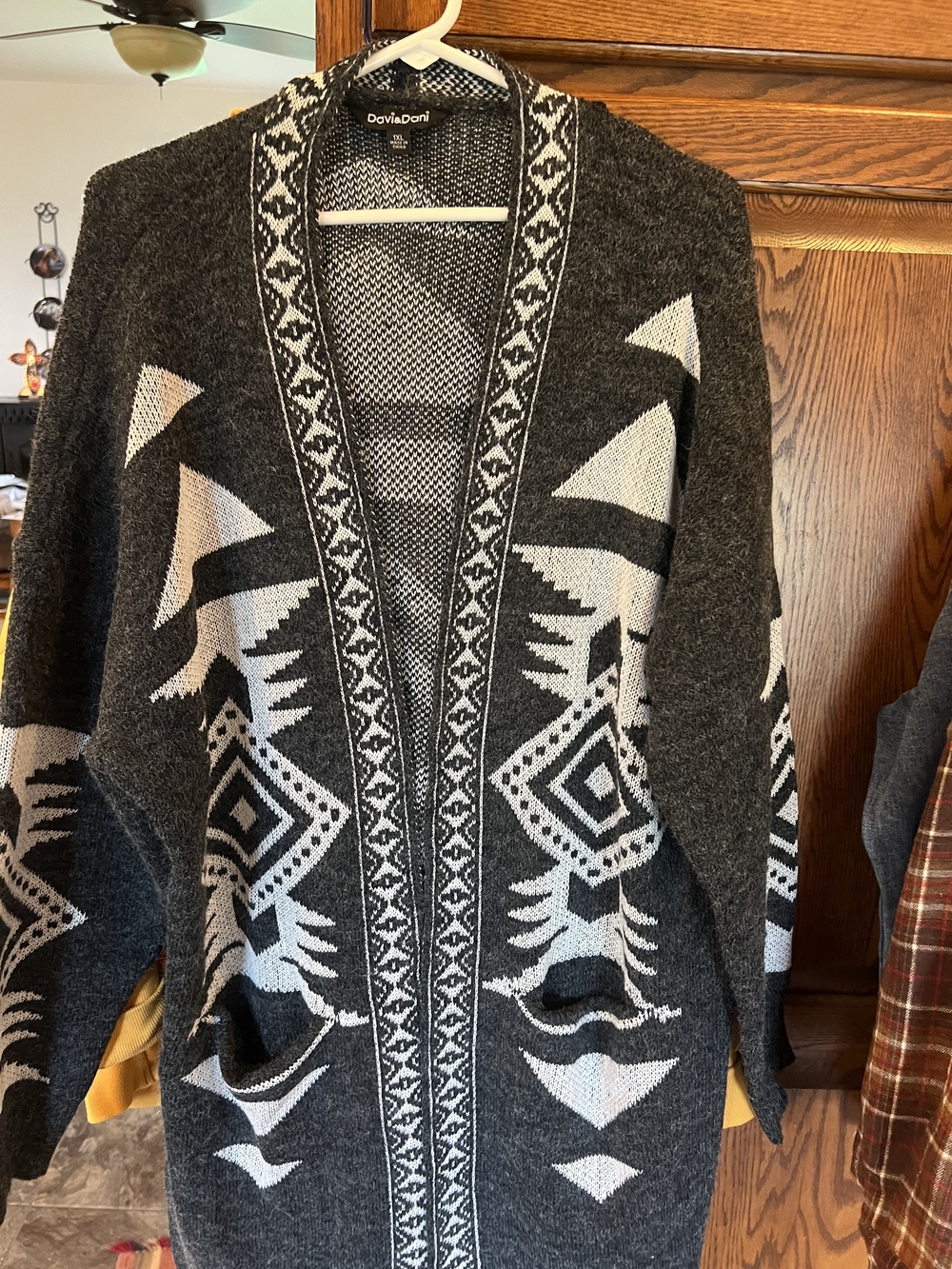 Womens Long Charcoal & White Aztec Open-Front Sweater